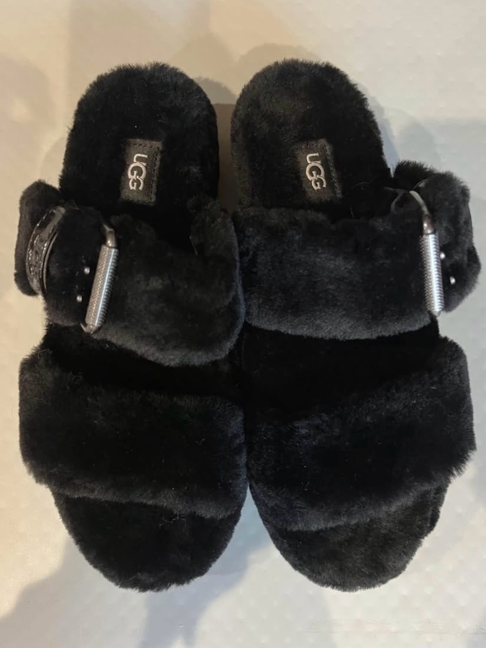 UGG Black Fluff Slide Mule with Buckle